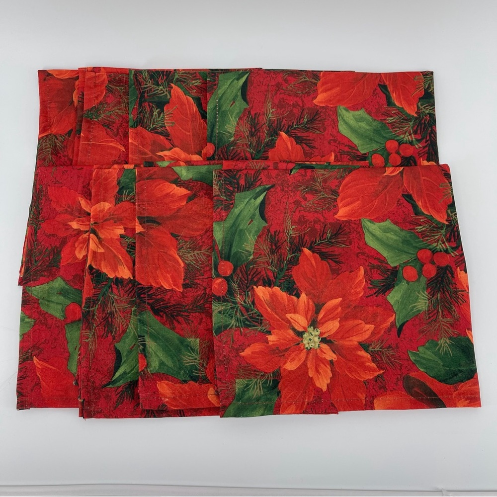 Set of 8 Cloth Poinsettia Holly Berry Holiday Dinner Napkins, 18"x18"